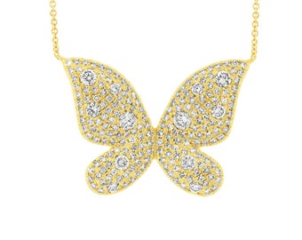 Beautiful Diamond Butterfly Pendant Necklace, 0.69ct 14k Yellow Gold Diamond Butterfly Necklace, Gift, Gift for Her