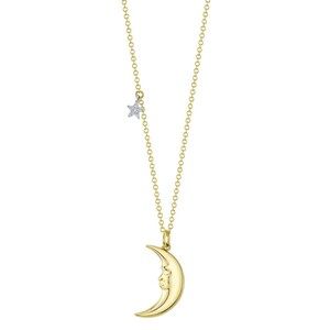 14K Yellow Gold Diamond Moon Star Pendant Necklace Crescent Certified Natural 0.01 CT