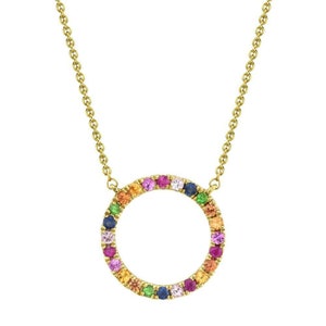 14K Yellow Gold Multi Color Gemstone Rainbow Necklace Open Circle Pendant Natural Round Cut Certified 0.20 CT
