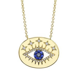 14K Yellow Gold Evil Eye Necklace Black and White Diamond Blue Sapphire Oval Disc Pendant Certified Natural 0.25 CTW