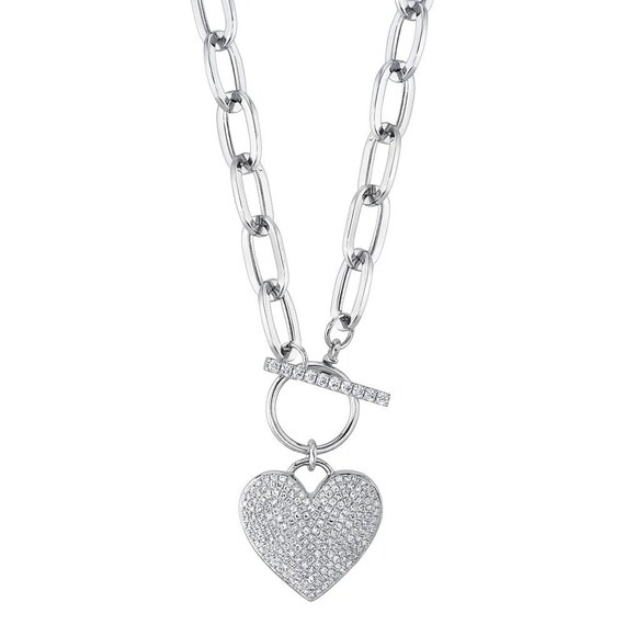 14K White Gold Diamond Heart Necklace Paper Clip Chain 0.50 CT