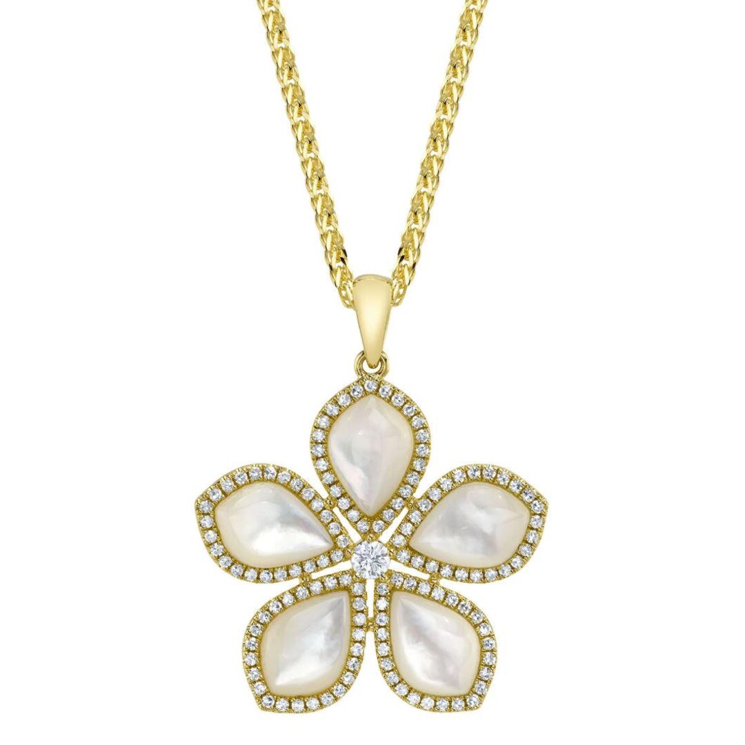 マザーオブパールダイヤフラワー イエローゴールド ピアスとネックレスのセット ダイヤモンド マザーオブパール フラワーネックレス ショパンチェーン