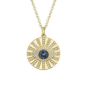 14K Yellow Gold Evil Eye Necklace Black and White Diamond Blue Sapphire Circle Disc Pendant Certified Natural 0.38 CTW