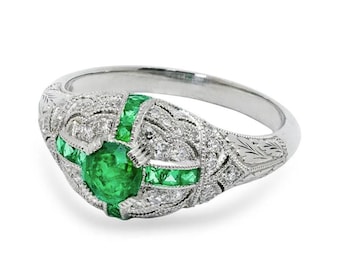 Art Deco Emerald & Diamond Platinum Ring, Handmade Engagement Ring