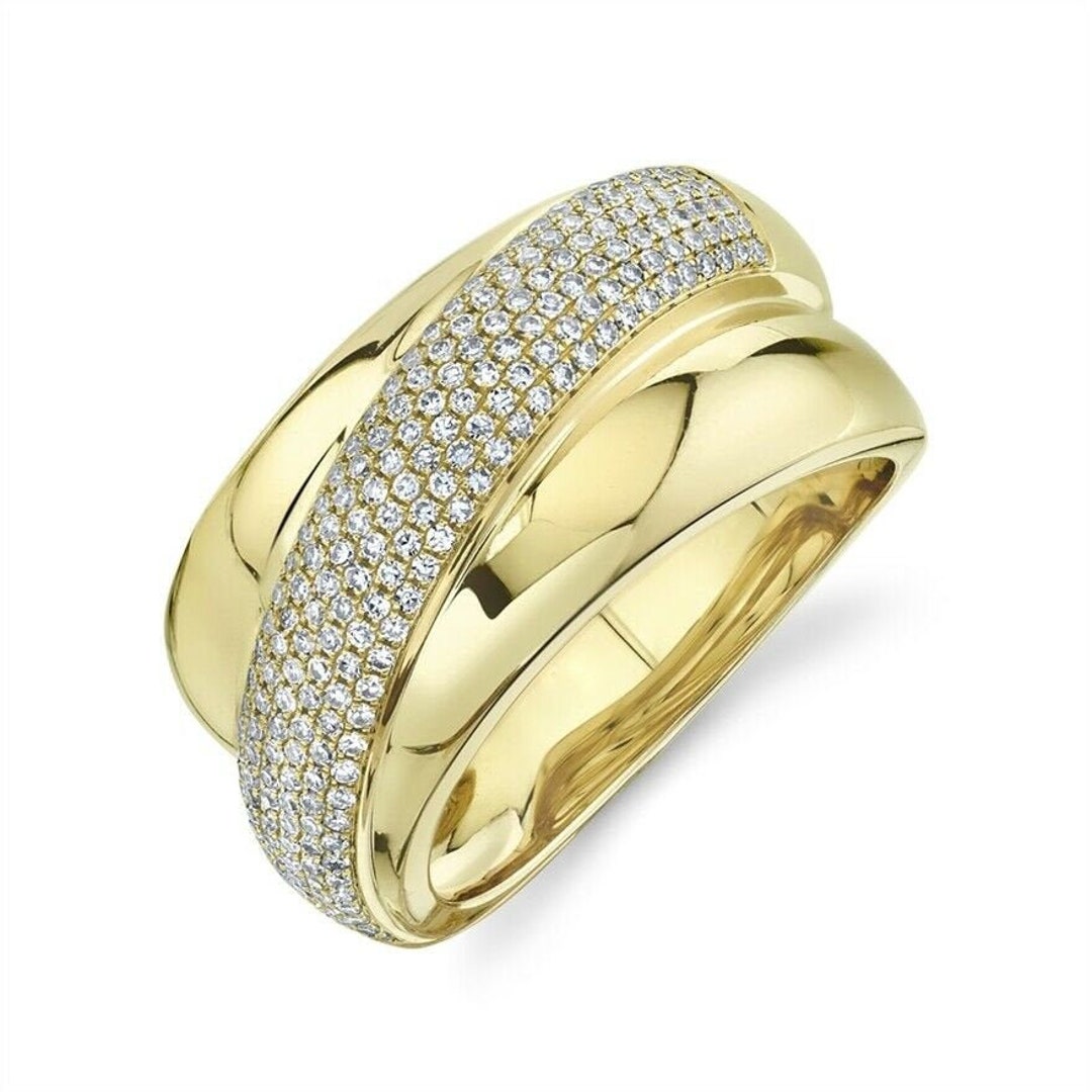 14K Yellow Gold Diamond Crossover X Ring Round Pave Bridge Cocktail