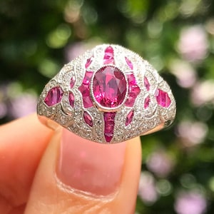 Oval Ruby Diamond Platinum Ring Antique Inspired Art Deco Certified Natural Cocktail Right Hand Engagement Anniversary Handmade