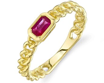 Anillo de oro amarillo de 14 quilates con eslabones de rubí natural de 0,27 quilates para cóctel con estilo para mano derecha