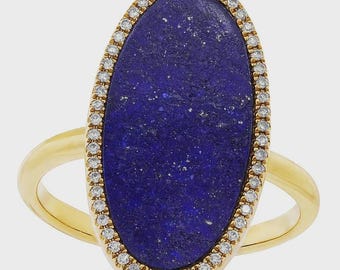 Lapis Lazuli Diamond Ring 14K Yellow Gold, Oval Shape 2.43 CTW Natural