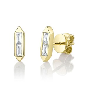 14K Yellow Gold Natural Baguette Cut Diamond Stud Earrings Hexagon Certified Natural 0.20 CT