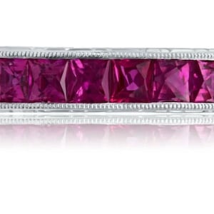 Art Deco Ruby Platinum Ring Anniversary Wedding Band Princess Cut 3.54 CT Certified Natural Handmade Gift For Her Channel Set Hand Engraved