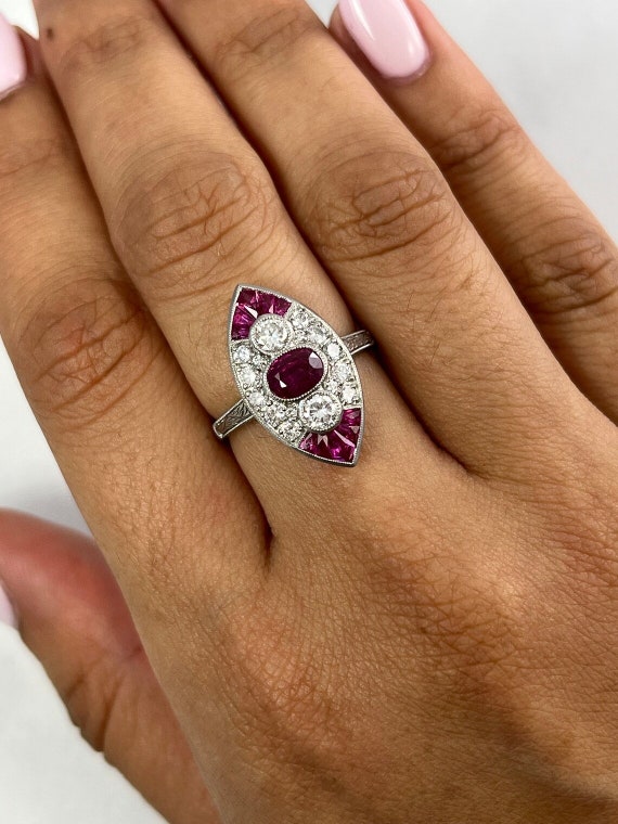 Ruby Diamond Marquise Shape Ring Platinum Art Deco Natural