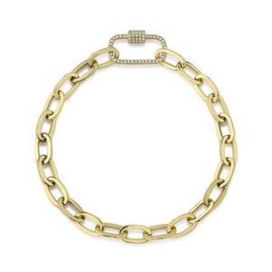 14K Yellow Gold Diamond Paperclip Charm Carabiner Bracelet Oval Link Certified Natural 0.23 CT, Paper Clip Link Bracelet