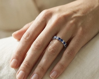 Saphir und Diamant Band 14K Weißgold Ring 0.67 TCW Natural