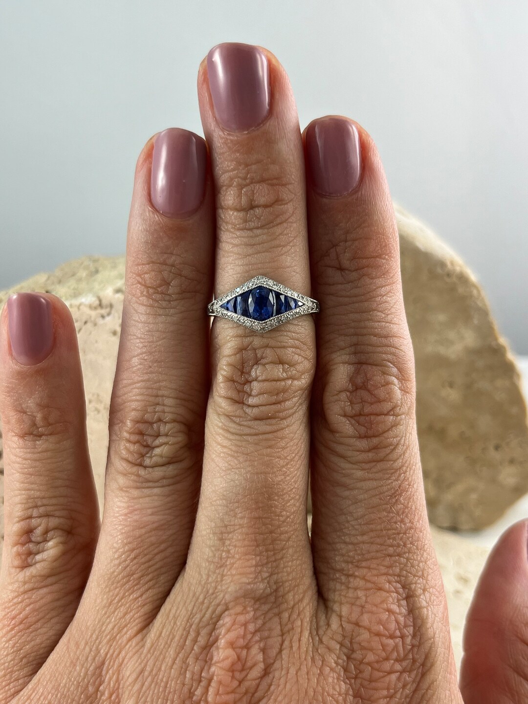 Art Deco Inspired Blue Sapphire Diamond Platinum Ring Natural 1.34CT ...
