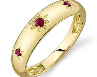 Anillo de oro amarillo macizo de 14 quilates con forma de estrella y rubí natural, regalo certificado para su cumpleaños, aniversario, cóctel
