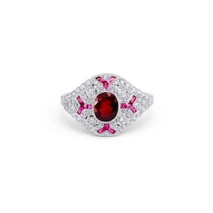 Diamond Ruby Platinum Engagement Ring Oval Cut Certified Natural Art Deco 1.46 CTW Handmade Antique Estate Design One Of A Kind