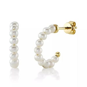 14K Yellow Gold Cultured Pearl Hoop Earrings Gift For Her