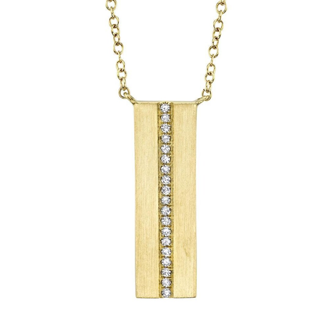 Diamond Gold Bar Pendant Necklace 14KT Yellow Brushed Satin Finish Round Cut Natural 0.06CT