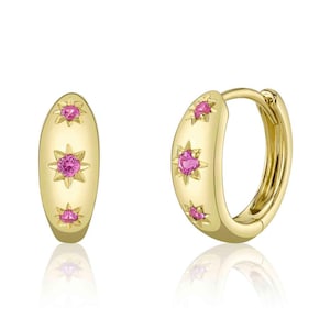 Pink Sapphire Star Huggie Earrings 14K Yellow Gold Natural Starburst Hoop Huggies Certified 0.12 CT Gift For Her 14K Solid Gold