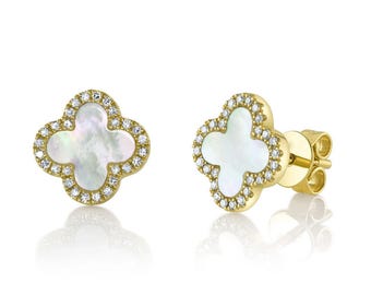 Perlmutt Diamant Klee Ohrstecker 14K Gelbgold Zertifizierte Natürliche 1,00 CTW Geschenk für Sie