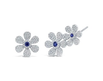 Diamond Blue Sapphire Flower Earrings 14K White Gold Stud Ear Crawler Floral Natural 0.65TCW Round Cut Daisy Conflict Free Gift For Her