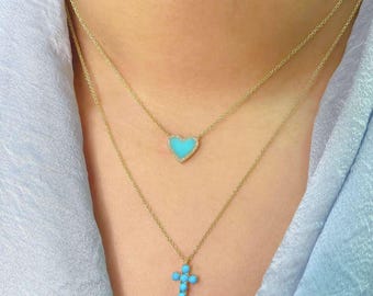 14KTイエローゴールドターコイズ天然宝石ディテールクロスペンダント