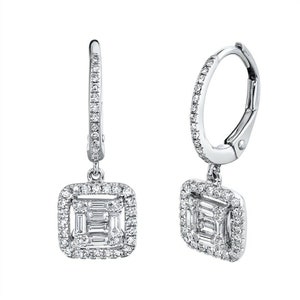Baguette Diamond Square Earrings 14K White Gold Natural Round Cut 0.48CT Drop Dangle Statement Gift for Her