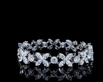 Lab Created Diamond Floral Bracelet 14K White Gold, Marquise Round Cut 17.26 CTW