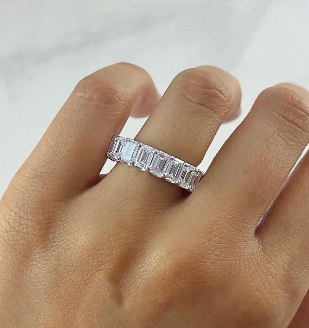 8.09 CT Lab Grown Emerald Cut Diamond Eternity Ring 14K White Gold