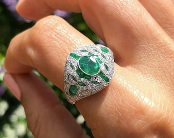 Art Deco Emerald Diamond Platinum Ring, Handmade GGA Certified