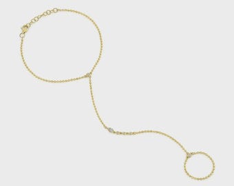 Diamond Hand Chain Finger Bracelet 14K Yellow Gold Ball Chain