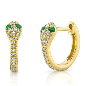 14K Yellow Gold Diamond Emerald Snake Huggie Earrings Natural 0.21 CTW Certified Gift For Her