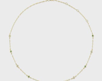 Diamond And Emerald By The Yard Station Necklace 14K Yellow Gold Natural
