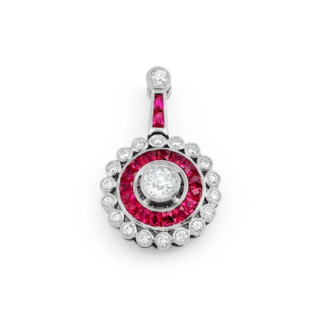 Art Deco Diamond Ruby Pendant Necklace Platinum Certified Natural ...