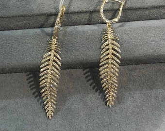 14K Yellow Gold 0.92CT Diamond Feather Earrings