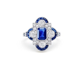 Art Deco Smaragdschliff Saphir Ring, Diamant Platin, handgemacht