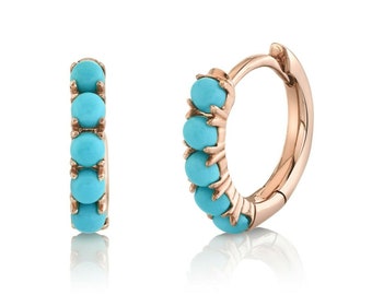 Turquoise Beaded Huggie Mini Hoop 14k Rose Gold Natural Round Cut 0.43ct Dainty Fine Fashion Birthday Gift for Her