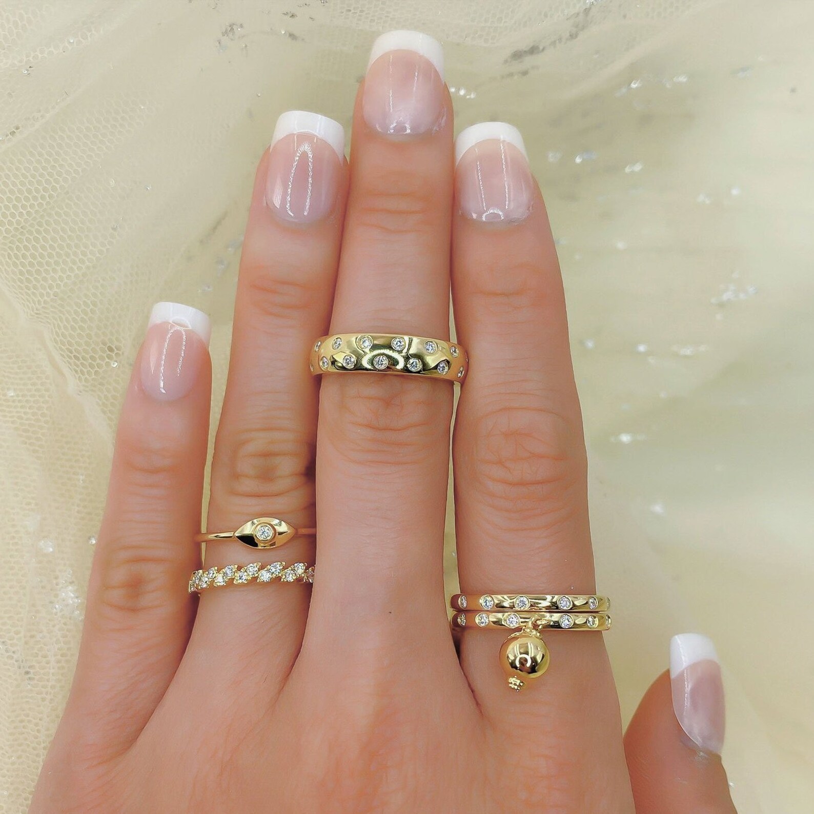 Dangling Ball Diamond Ring 14K Yellow Gold Womens Statement Etsy