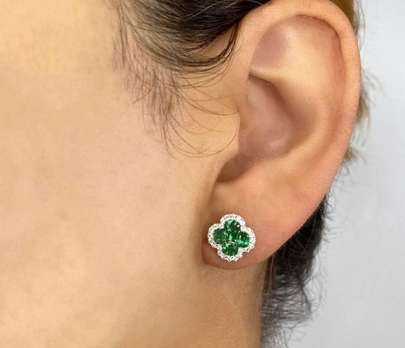 天然エメラルド クローバー ダイヤモンド イヤリング 14K ホワイト 