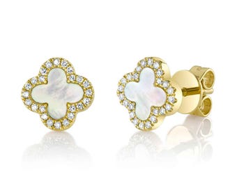 Perlmutt Diamant Klee Ohrstecker 14K Gelbgold Zertifizierte natürliche 0.50 CTW Geschenk für Sie