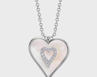 Diamond Mother of Pearl Heart Necklace Certified 14K White Gold 1.95 CTW Natural