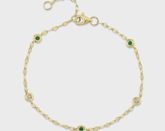 Diamond and Emerald By The Yard Bracelet 14K Yellow Gold Natural