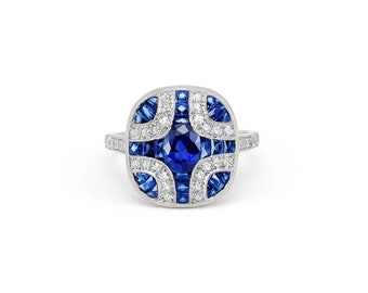 Art Deco Blauer Saphir Diamant Verlobungsring Platin Natürlich 2.33 CTW Handgemachter antiker Gutsinspirierter Cocktail