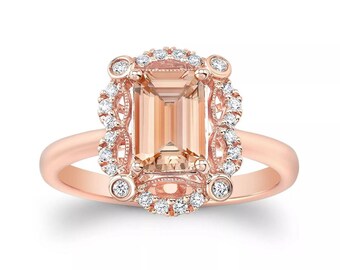 Natural Emerald Cut Morganite Diamond Engagement Ring 14K Rose Gold Certified 1.55 CTW Gift For Her