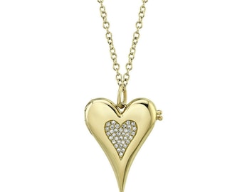 14K Gold Diamond Locket Heart Necklace Pendant Pave Round Natural 0.08CT Unique Keepsake Gift for Her