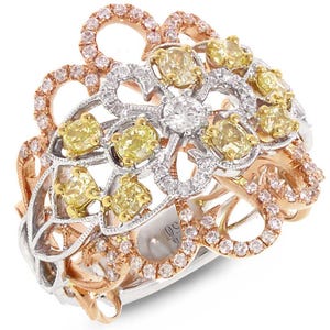 18K 3 Tone Gold Natural Oval Fancy Yellow Diamond Cocktail Ring 1.32 CTW Certified One Of A Kind Ring, 18K Multi Tone Gold Yellow White Rose