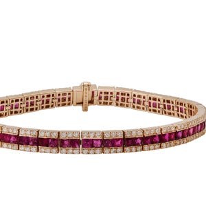 14K Yellow Gold Ruby Diamond Bracelet Handmade Art Deco Inspired Certified Natural 10.56 CTW