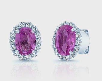 Pink Sapphire Diamond Stud Earrings Oval Cut 14K White Gold Natural 2.40 CTW Certified