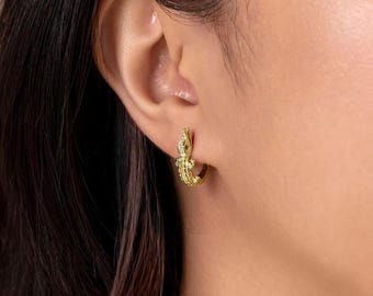 Diamond Emerald Crocodile Alligator Huggie Earrings 14K Yellow Gold