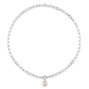 14K White Gold Pearl Diamond Necklace Paperclip Link Chain Certified Natural